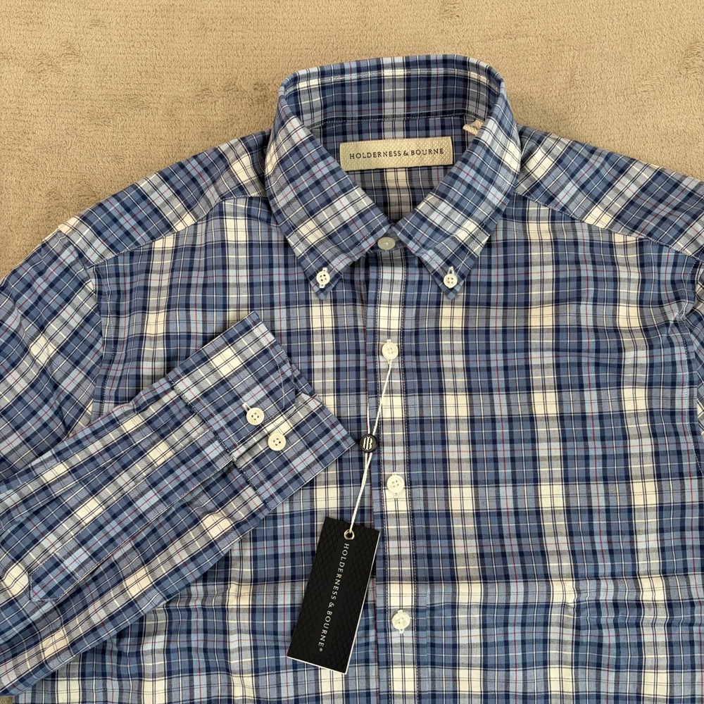 Holderness & Bourne Andrews Shirt in Blue Plaid Men Medium Tailored Fit NWT $168
